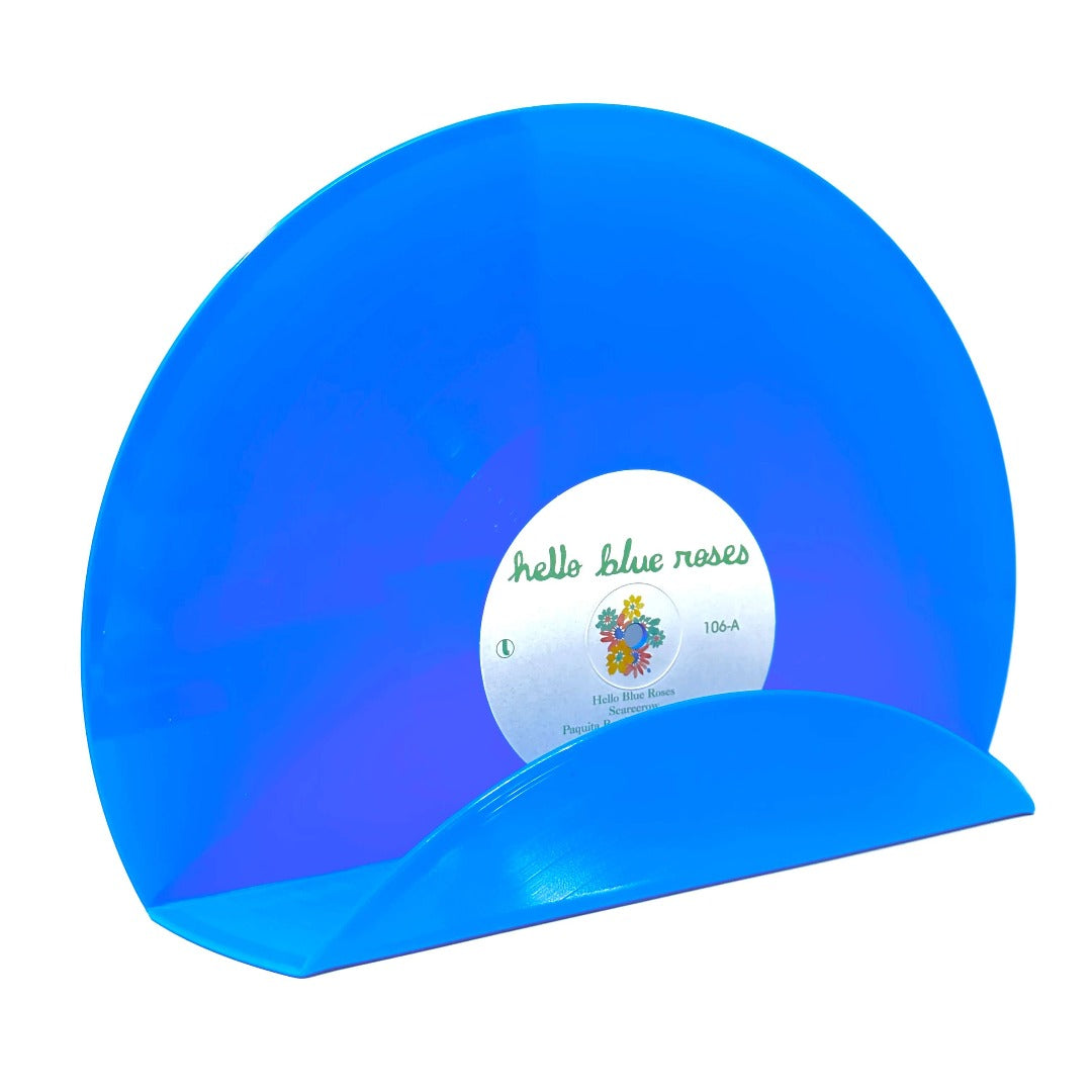 A classic blue vinyl record used as a decor display