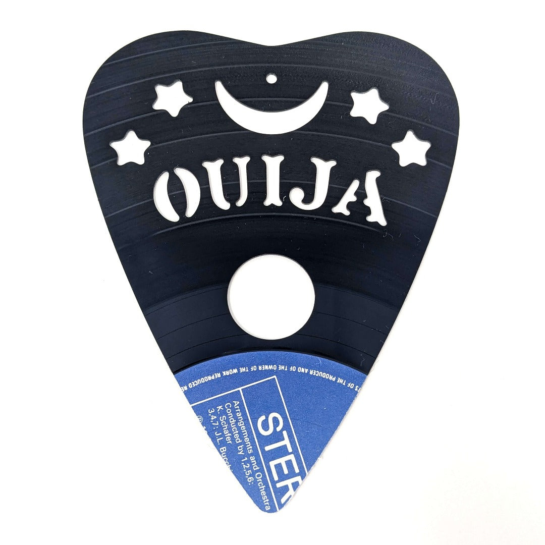 Unique Ouija-inspired vinyl record upcycling project.