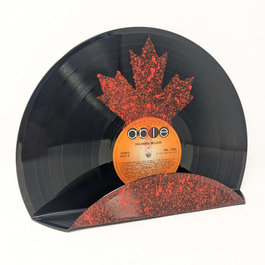 Black Red Maple Leaf Painted Folded Vinyl Record Shelf Display Mounted