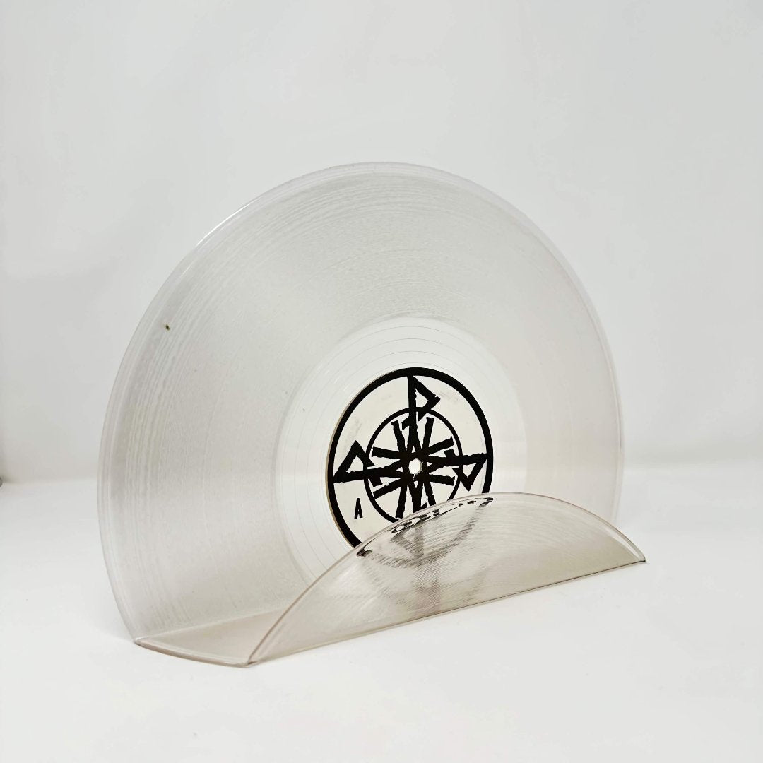 A cool clear vintage record used as a wall decor shelf