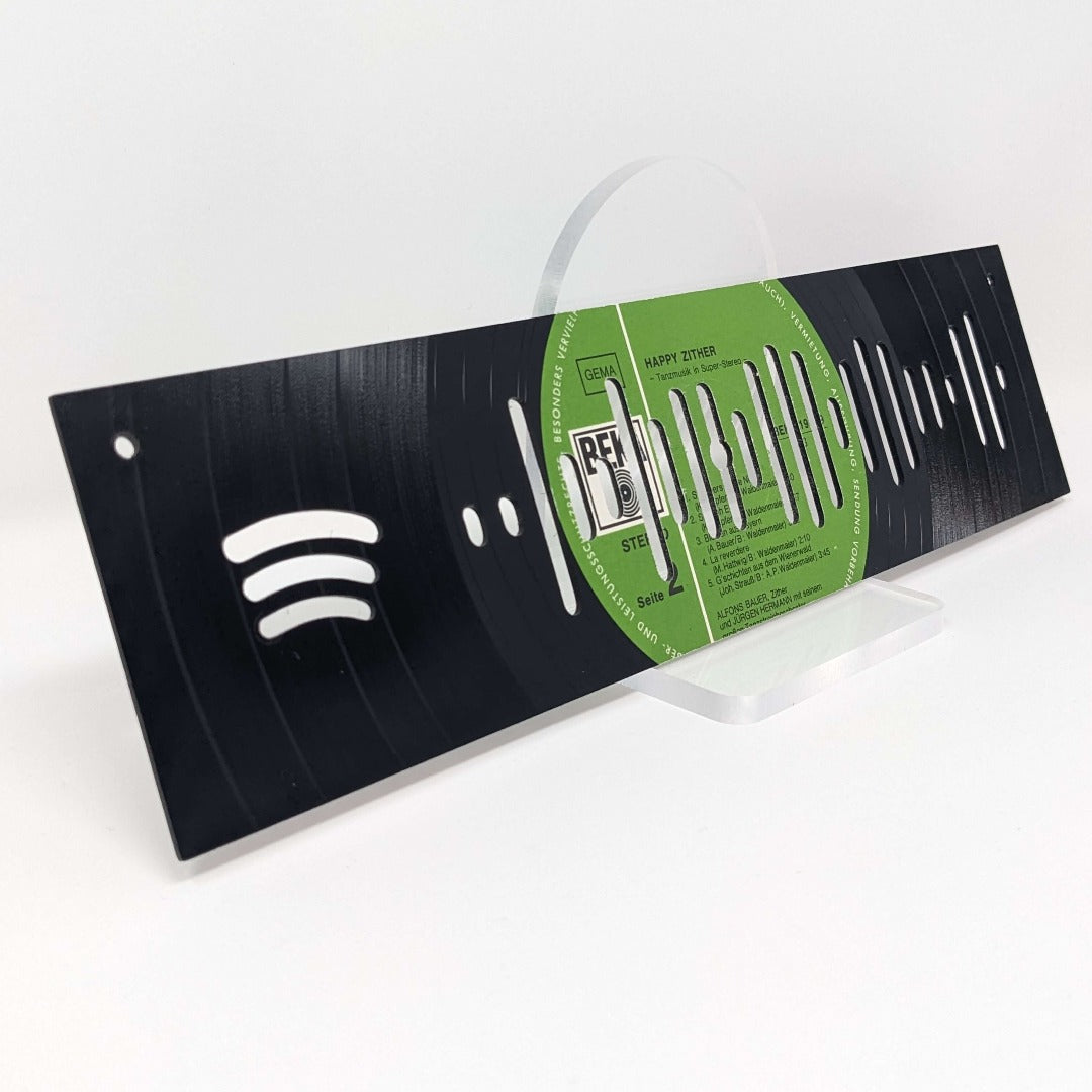 Spotify barcode scan for music - Upcycled vinyl record collection on display